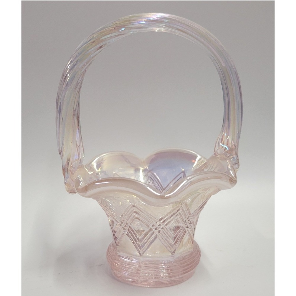 Fenton Pink Opalescent Iridescent Glass Diamond Lace Mini Basket 4 3/8"